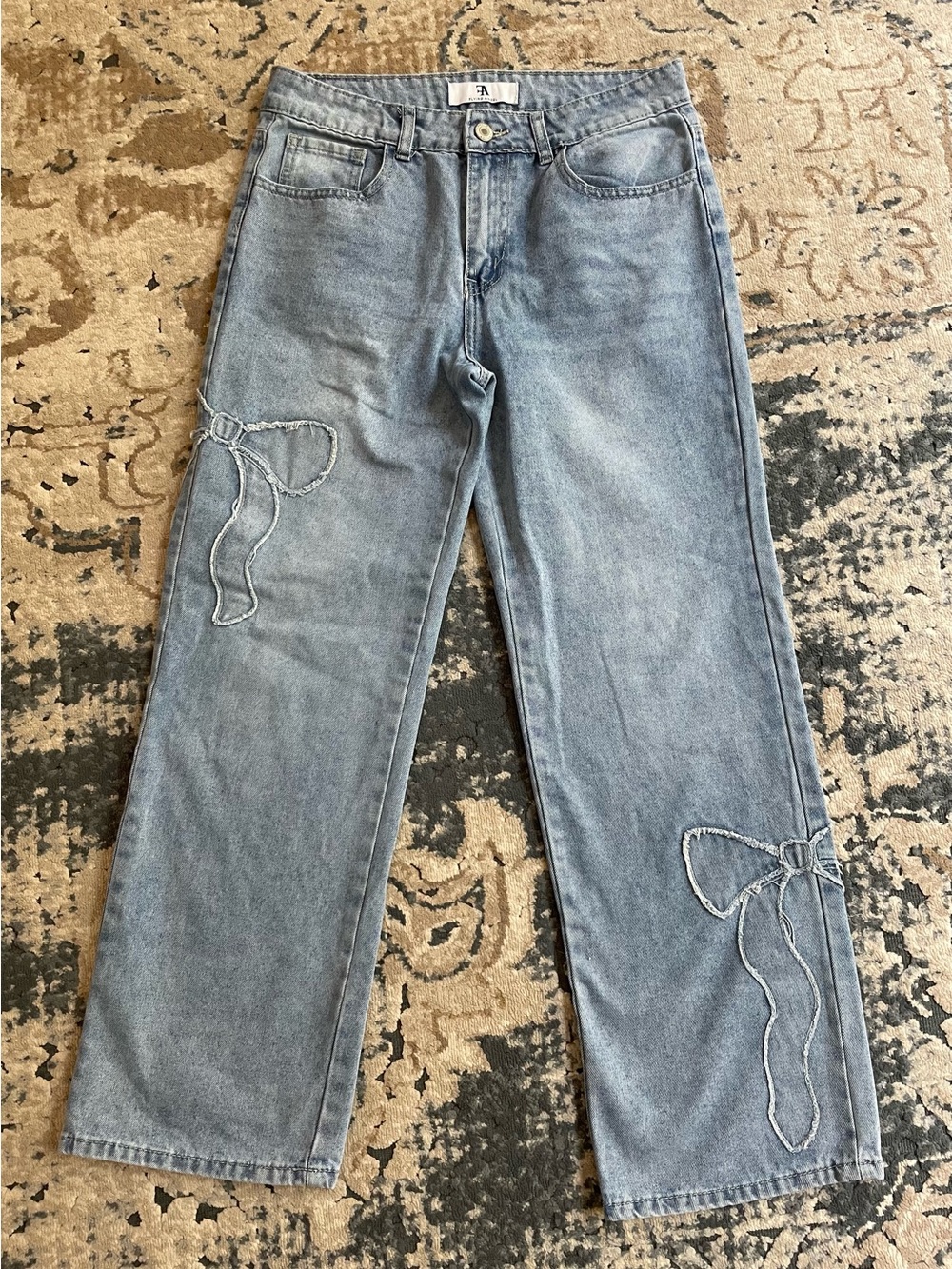 Flying Angel Wide Leg Women's Blue Jeans with Bow Stitch Detail